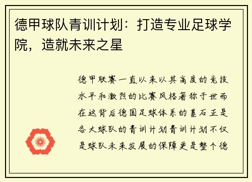 德甲球队青训计划：打造专业足球学院，造就未来之星